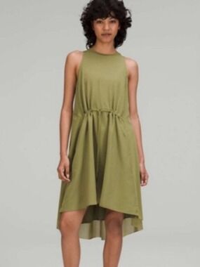 Lululemon Mesh Overlay High-Neck Dress Green Tie Waist High Low Pockets 8